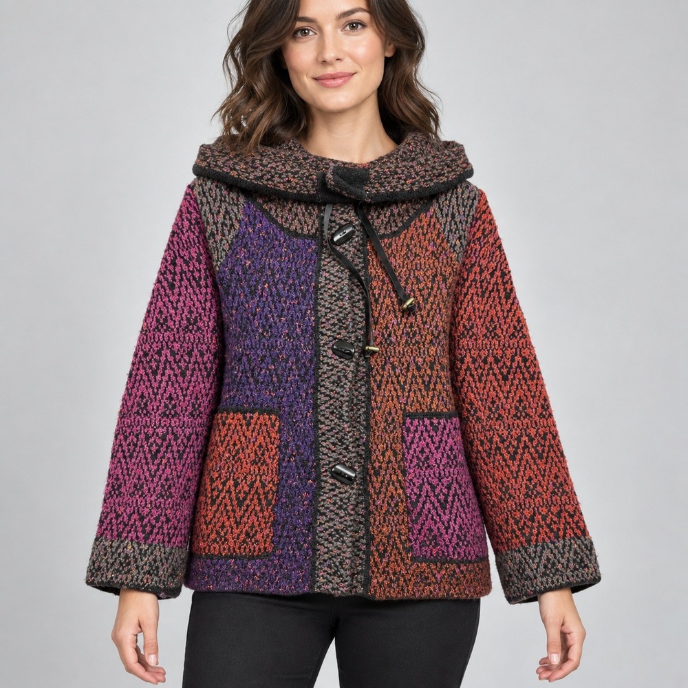 Curio Multi Color Patchwork Button Front Cardigan Sweater Purple Orange Large